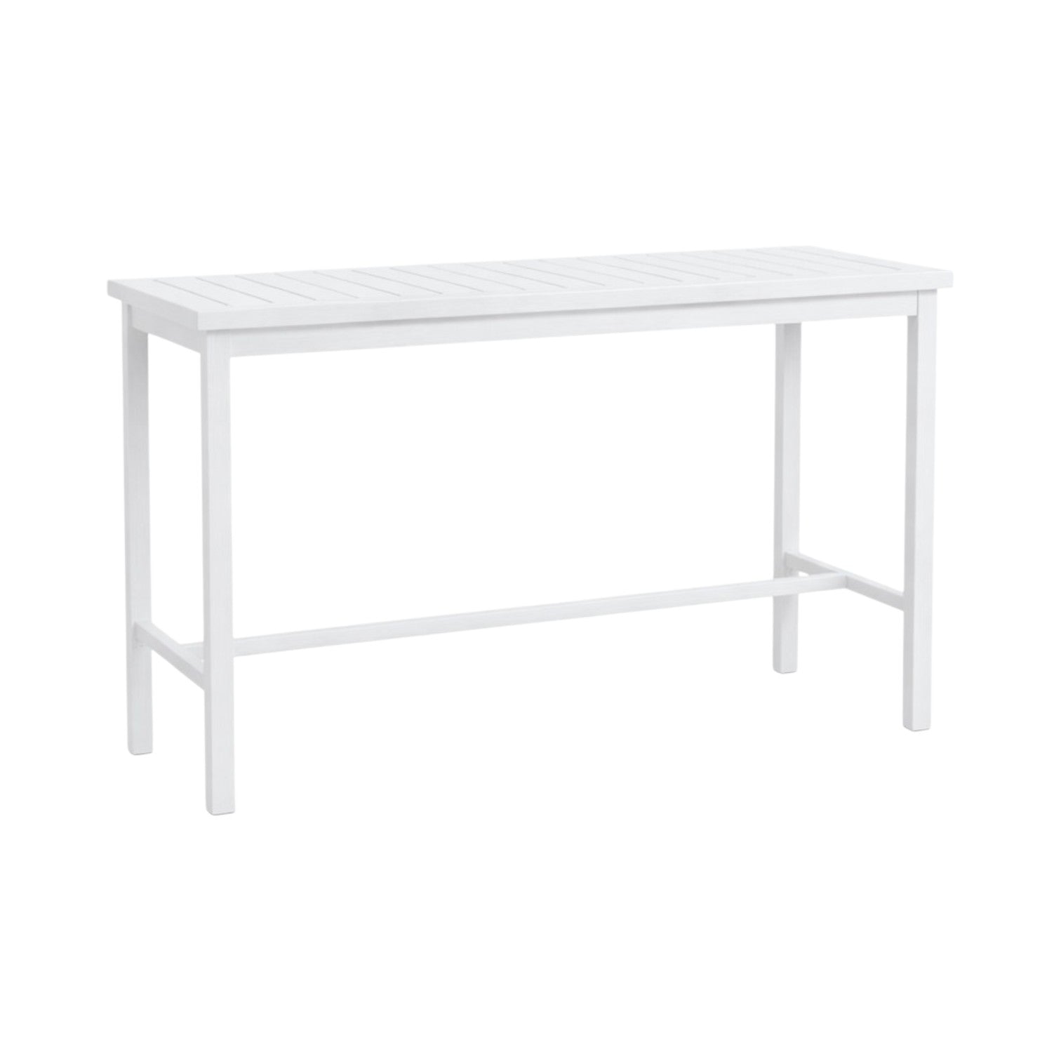 The Club Aluminum Bar Table in Chalk features a white rectangular frame, slatted top, and four straight legs. Its minimalist aluminum design is durable, making it an ideal choice for stylish outdoor patio settings.