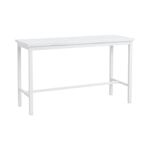 The Club Aluminum Bar Table in Chalk features a white rectangular frame, slatted top, and four straight legs. Its minimalist aluminum design is durable, making it an ideal choice for stylish outdoor patio settings.
