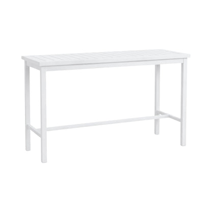 The Club Aluminum Bar Table in Chalk features a white rectangular frame, slatted top, and four straight legs. Its minimalist aluminum design is durable, making it an ideal choice for stylish outdoor patio settings.