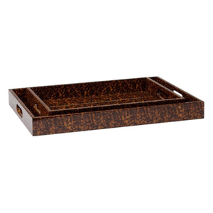 Two Milton Rectangular Trays in High Gloss Faux Tortoise, small size, feature a brown and black speckled pattern with cut-out handles on the shorter sides, designed to nest together.