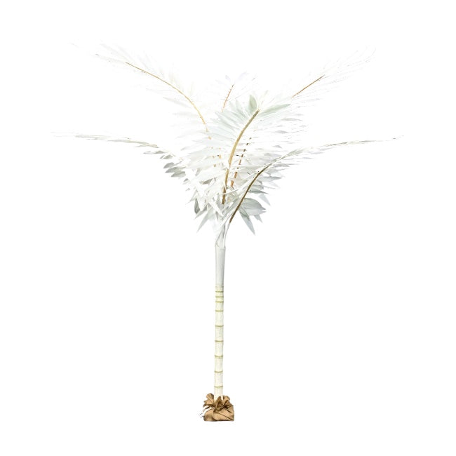 The 8' Canvas Red Palm in Natural features bold red leaves and a wrapped rattan base, ideal for sophisticated interiors, and stands elegantly against a plain white background.