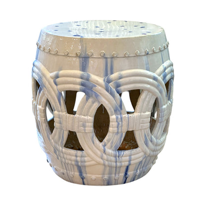 The Large Circle Stool in White and Blue features a round top, open circular lattice sides, and a white and light blue glazed finish for an elegant antique look.
