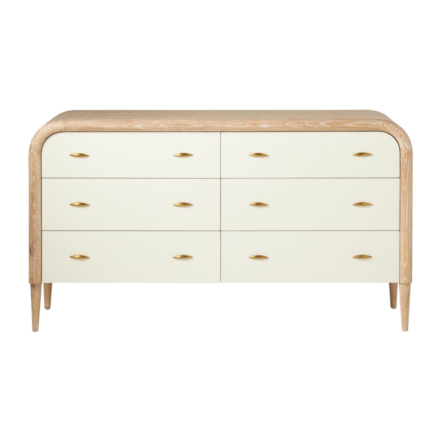 The Pierre Dresser in Pristine Shagreen and Washed Oak features six drawers, a rounded frame, white fronts, gold handles, tapered legs, and a light wood finish.