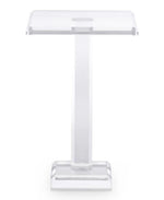 The Katie Acrylic Drink Table features a clear acrylic design with a rectangular top, central support, and square base, adding modern sophistication to any contemporary space. Photographed against a plain white background.