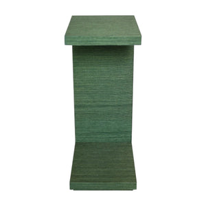 The Highland Side Table is a green, rectangular, modern woven piece with a simple geometric design, shown from the front against a white background.