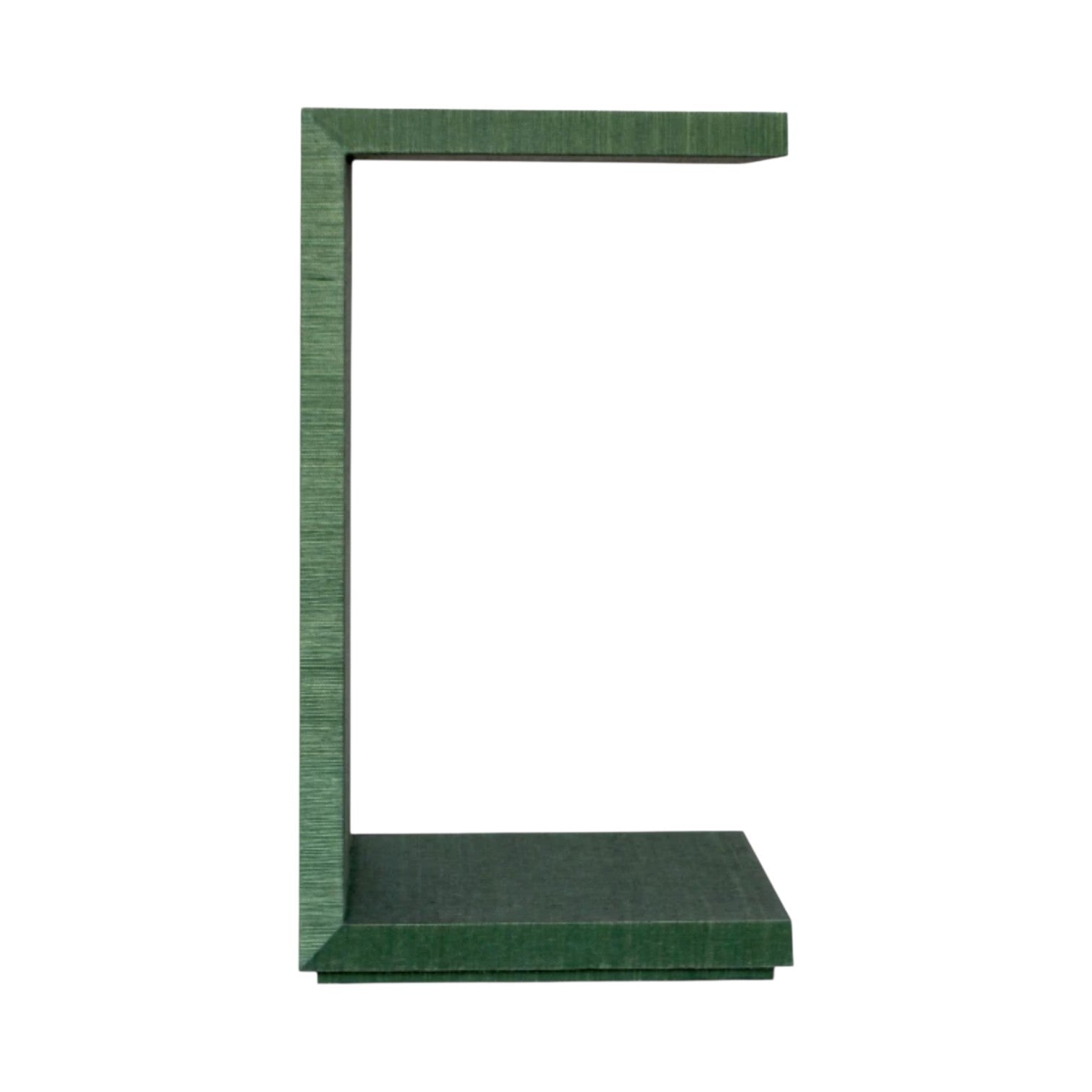 The Highland Side Table is a green, L-shaped modern grasscloth side table featuring a flat base and top, photographed against a white background.