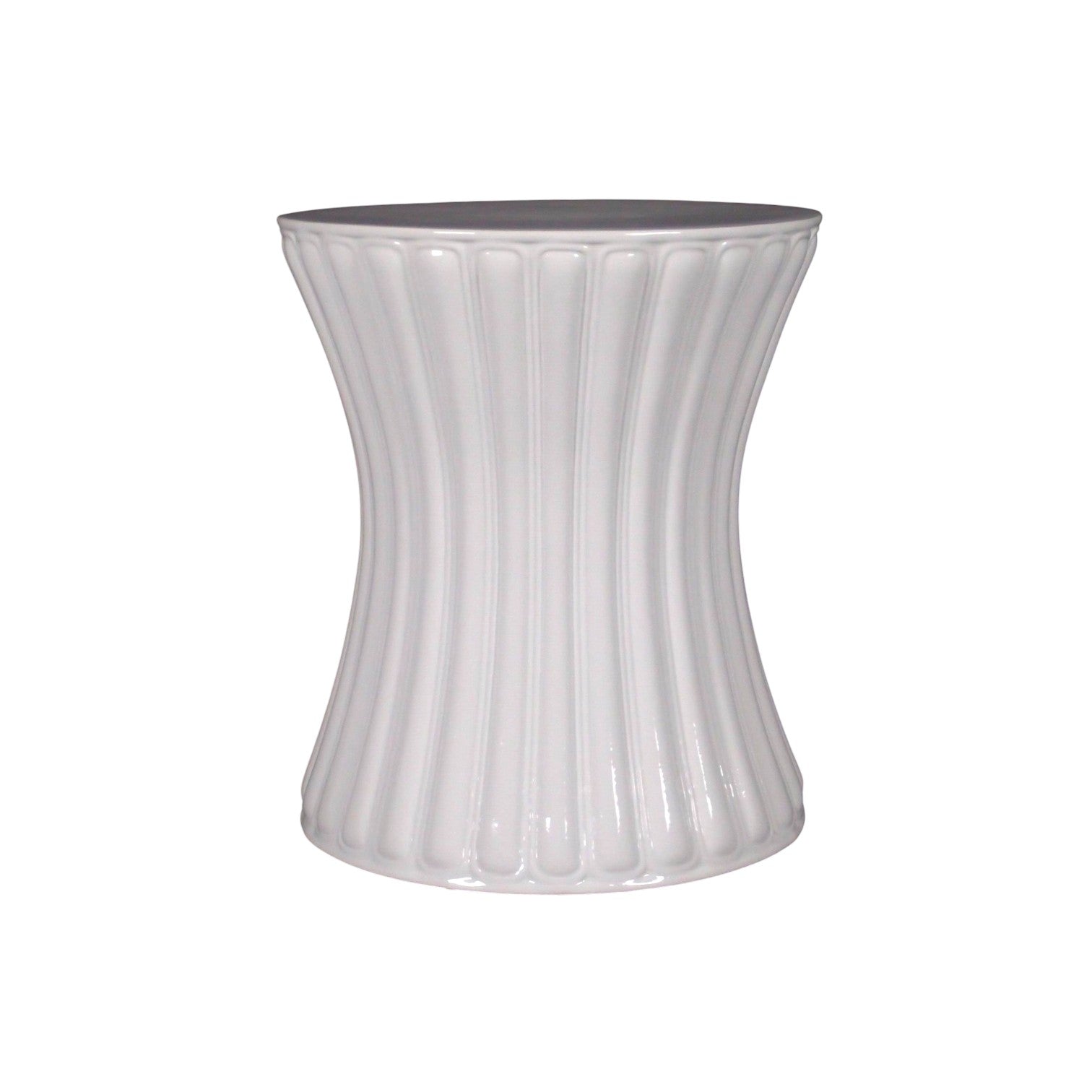Fine Porcelain Ribbed White Garden Stool featuring a fluted, hourglass shape, crafted from high-quality porcelain and shown against a plain white background.