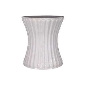 Fine Porcelain Ribbed White Garden Stool featuring a fluted, hourglass shape, crafted from high-quality porcelain and shown against a plain white background.