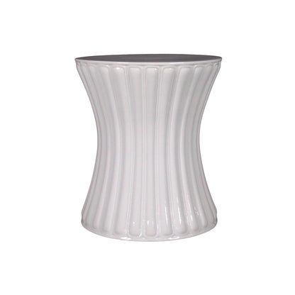 Fine Porcelain Ribbed White Garden Stool featuring a fluted, hourglass shape, crafted from high-quality porcelain and shown against a plain white background.