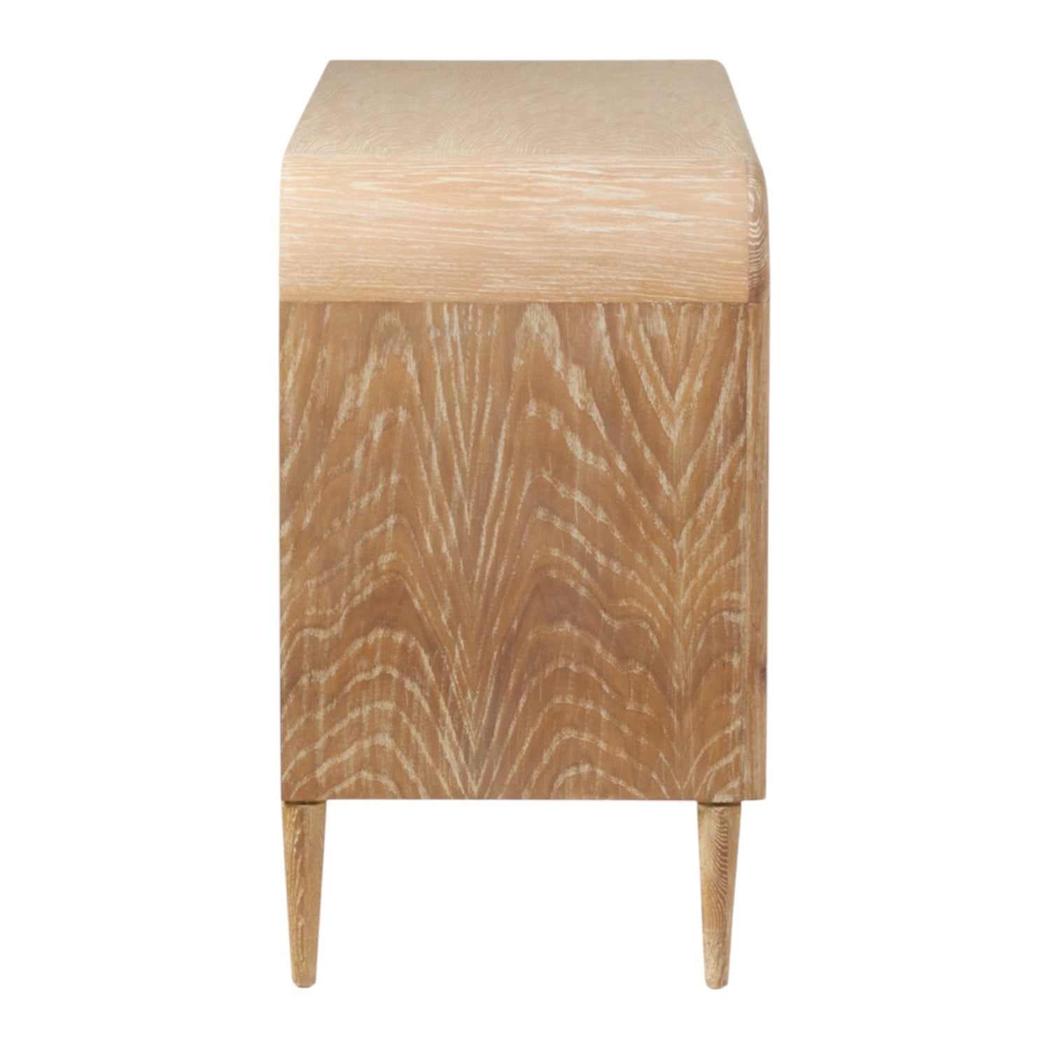 The Pierre Dresser in Pristine Shagreen and Washed Oak features a rectangular shape, light wood finish, rounded frame, four tapered legs, and visible wood grain patterns.