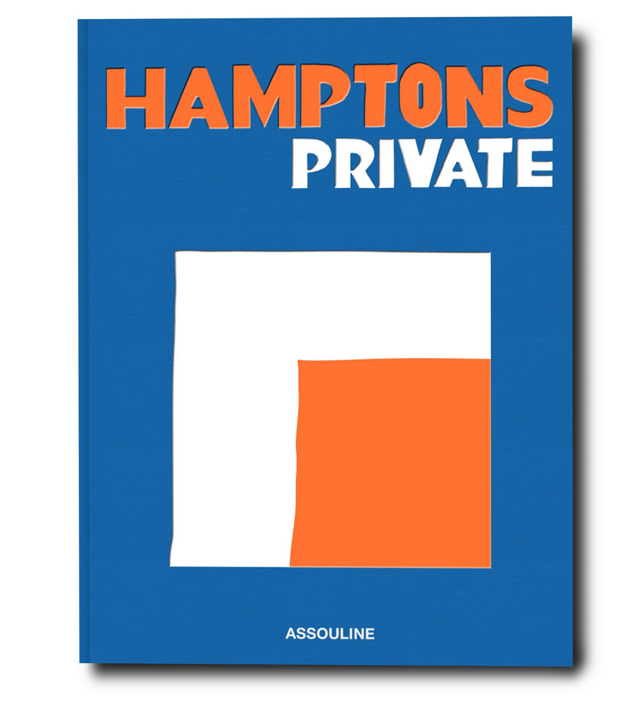 The product titled "Hamptons Private" by Assouline features a blue background with orange and white geometric shapes, exuding a boho-chic spirit that captures the essence of The Hamptons.