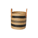 The Hudson Baskets feature tall woven designs with black horizontal stripes and two brown leather handles, making them perfect for stylish home décor. Displayed on a white background.