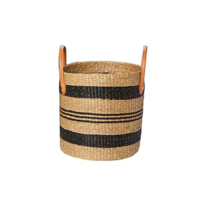 The Hudson Baskets feature tall woven designs with black horizontal stripes and two brown leather handles, making them perfect for stylish home décor. Displayed on a white background.