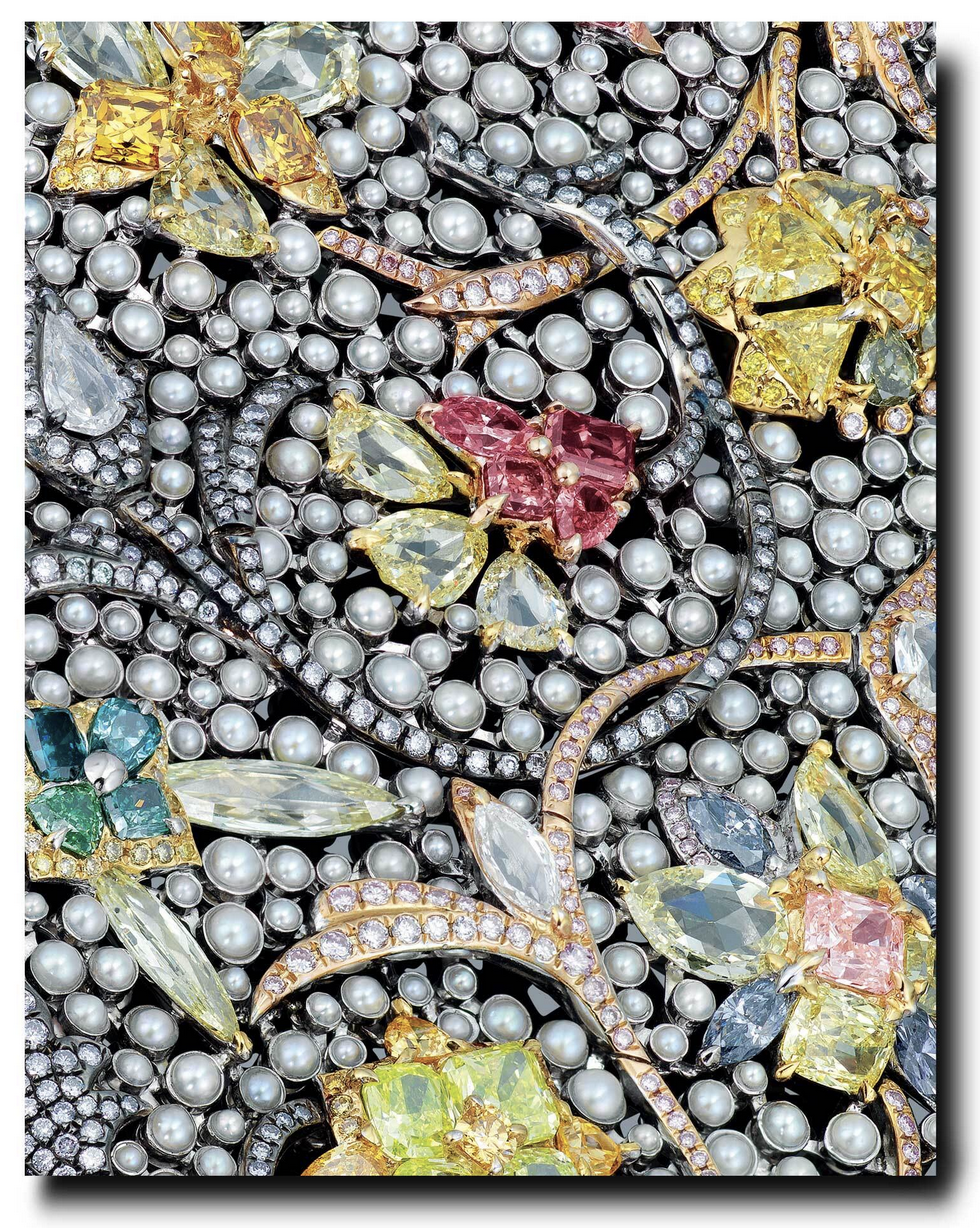 An intricate design by Boghossian: Expertise, Craftsmanship, Innovation features a mix of pearls, colorful gemstones, and diamonds forming floral patterns on a dark background, showcasing the expertise of master jewelers.