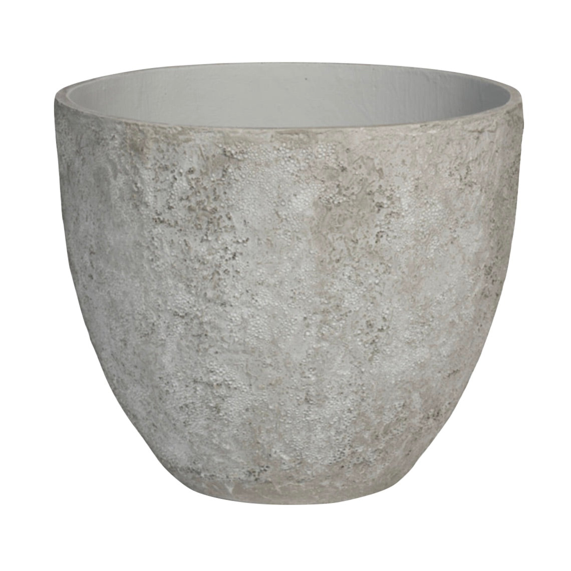 The Medium Jesslyn Imperial White Planter is a minimalist, round pot with a wide opening and an elegant textured finish in gray oyster tones, free of visible decorations.