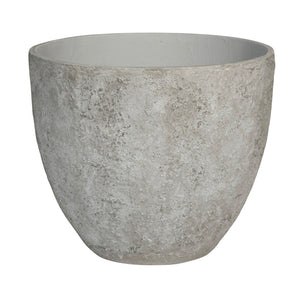 The Medium Jesslyn Imperial White Planter is a minimalist, round pot with a wide opening and an elegant textured finish in gray oyster tones, free of visible decorations.