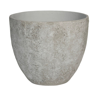 The Medium Jesslyn Imperial White Planter is a minimalist, round pot with a wide opening and an elegant textured finish in gray oyster tones, free of visible decorations.