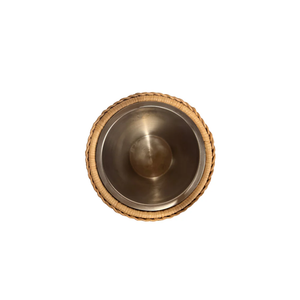 Top view of the Champagne Stand—an empty stainless steel bowl with a woven basket exterior, centered on a white background.