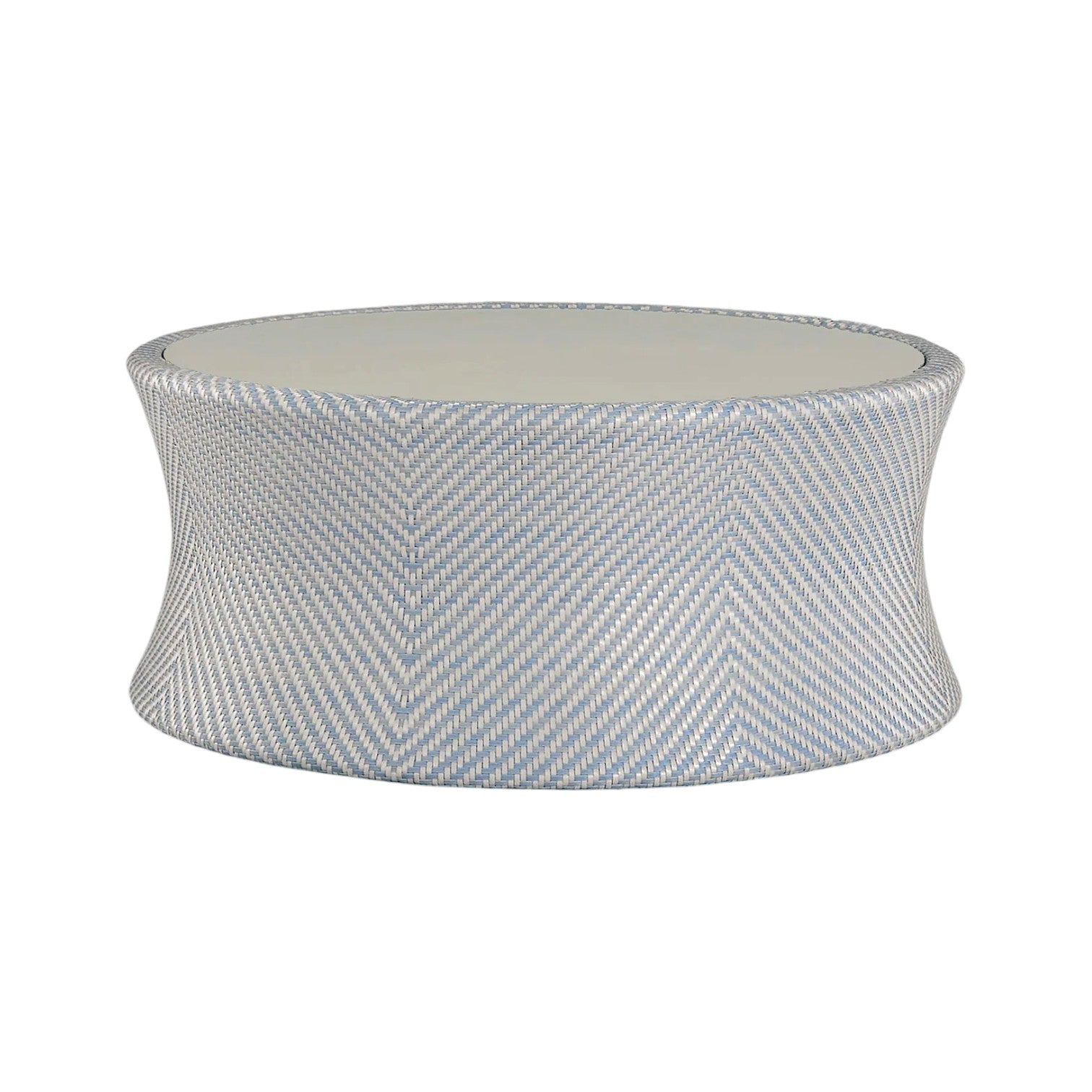 The Bari Round Coffee Table in Chambray features a drum shape, light blue and white chevron pattern, and a flat porcelain top—ideal for patios or gardens.