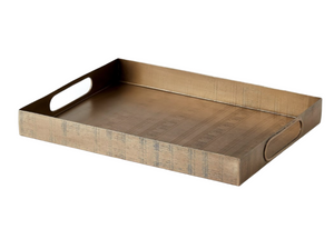 A Kokoro Etched Rectangular Tray, Small with raised edges and two cut-out handles on the shorter sides. It has a textured surface with a bronze-like finish, reminiscent of the elegant Kokoro design.