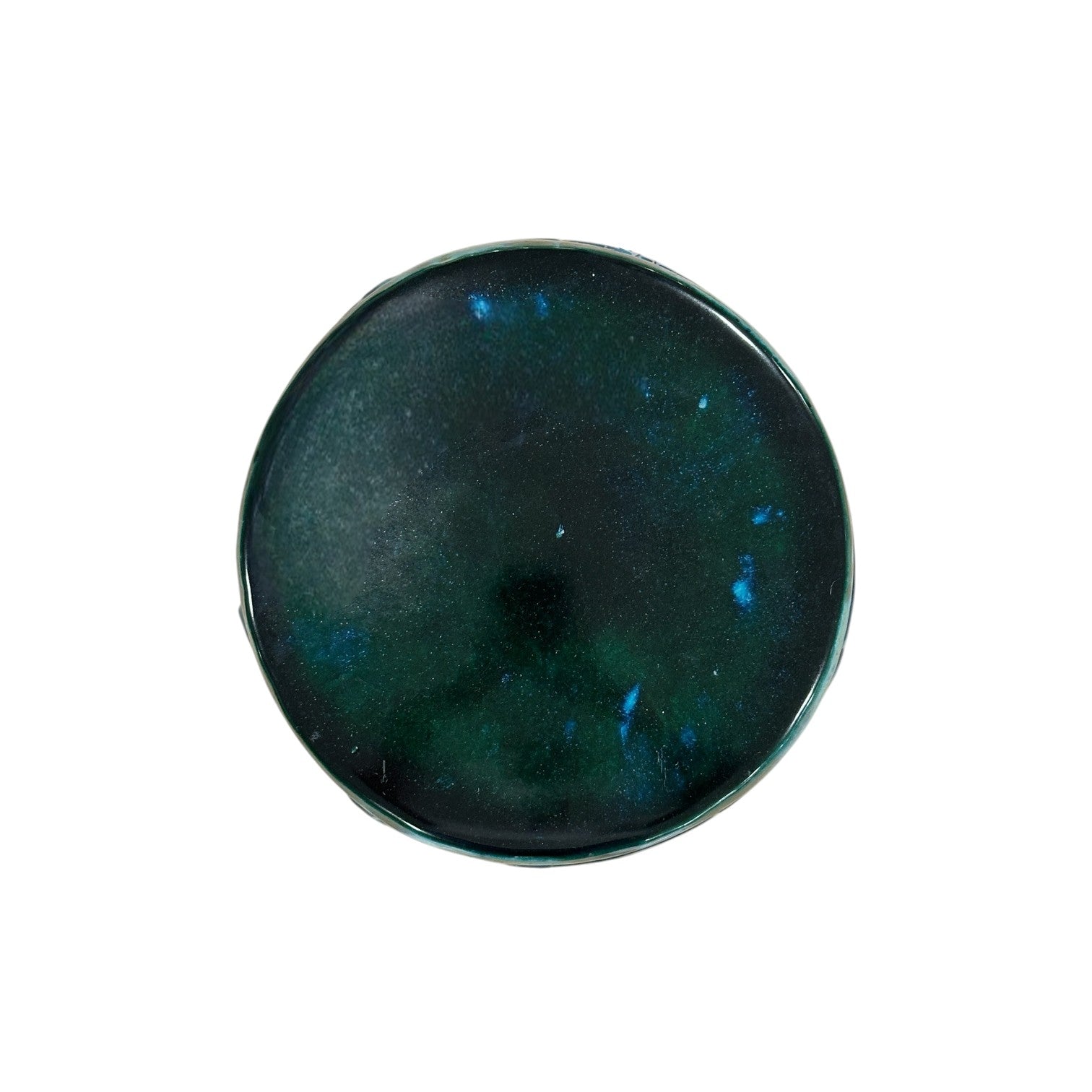 A Green and Turquoise Ming Style Garden Stool with a round shape and speckled, polished finish, resembling antique stone or glass, is displayed on a white background.