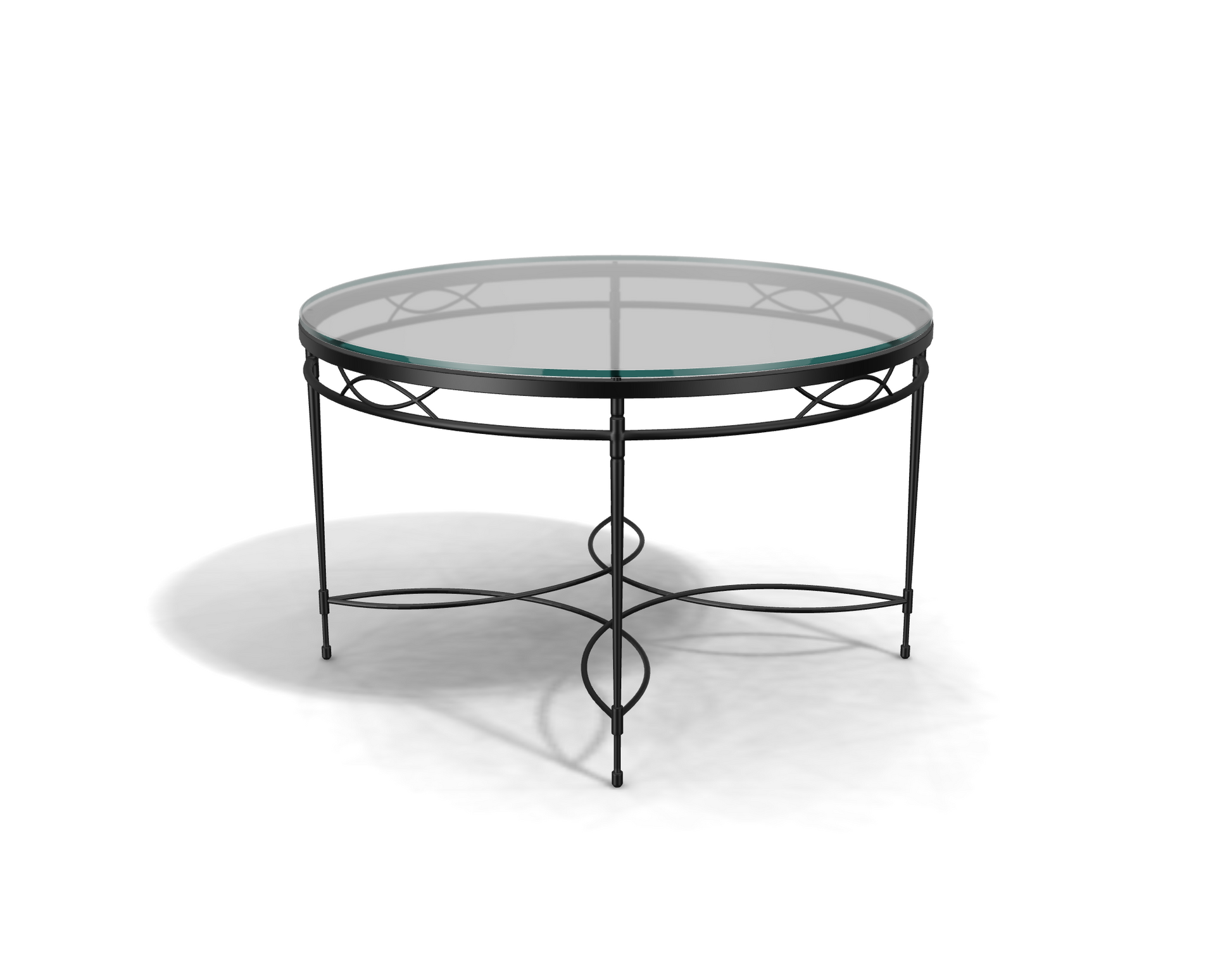 The Amalfi Glass Top Round Dining Table features a hand-forged steel frame with decorative curved details, creating a striking shadow on a white background.