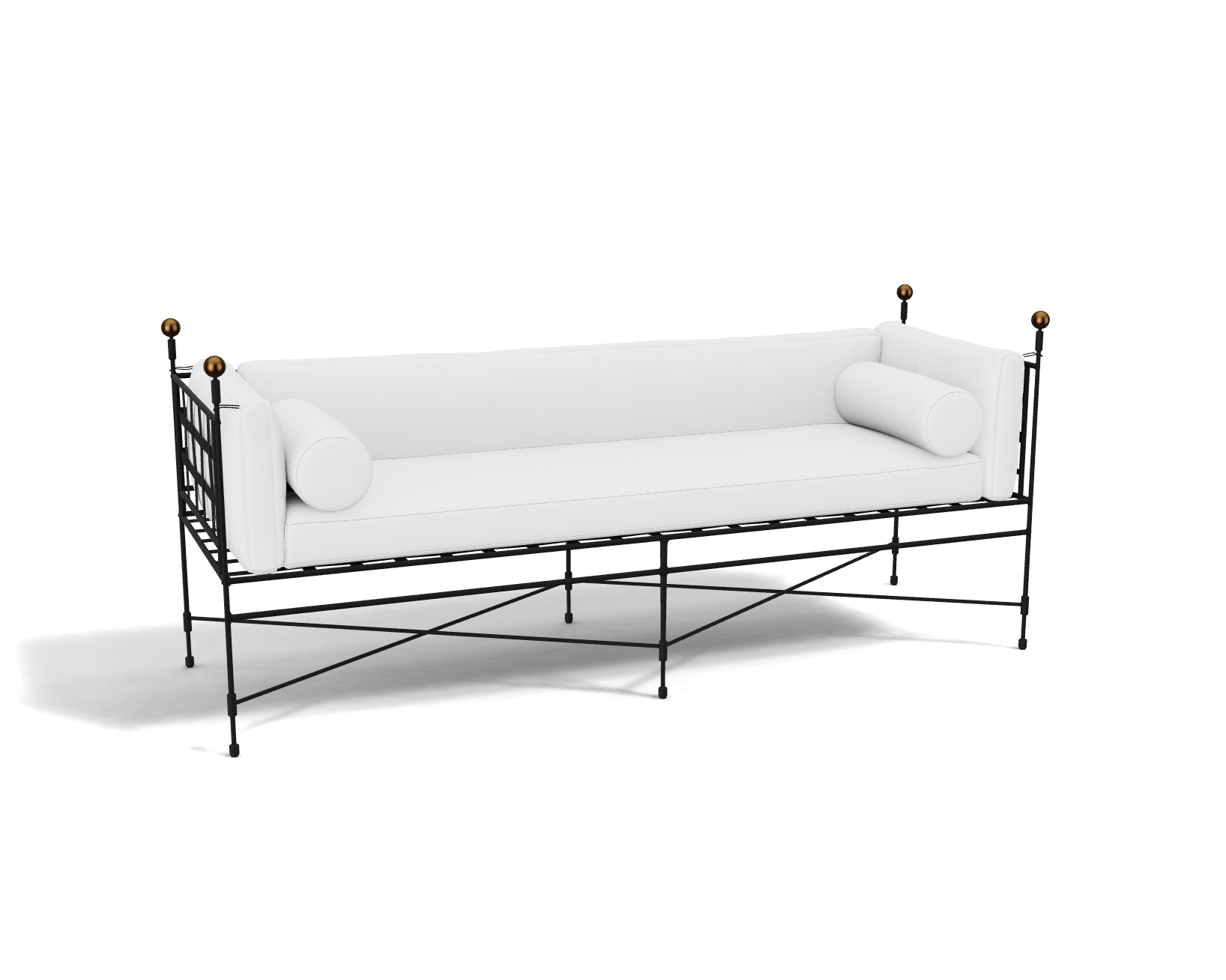The Amalfi Tuxedo 3 Seat Sofa features a metal frame, hand-forged latticework, white cushions, and two cylindrical bolster pillows, shown against a white background.