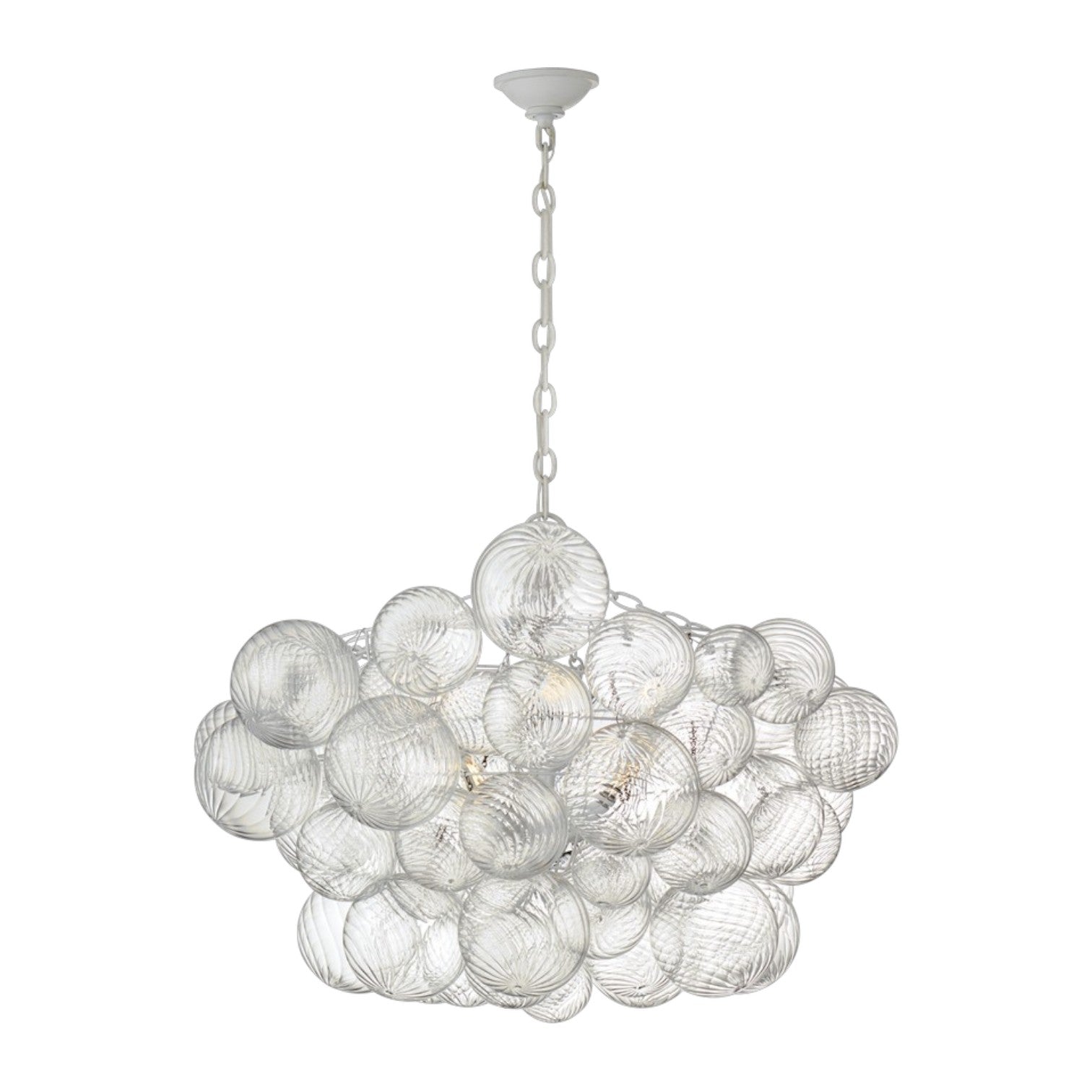 The Talia Large Chandelier in Plaster White showcases elegant clustered glass orbs, suspended from a matching chain for a striking, modern statement.