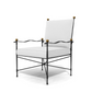The Amalfi Adjustable Chain Lounge Chair features a modern powder-coated steel design with a black metal frame, white cushions, and gold sphere accents on the corners, set against a plain white background.