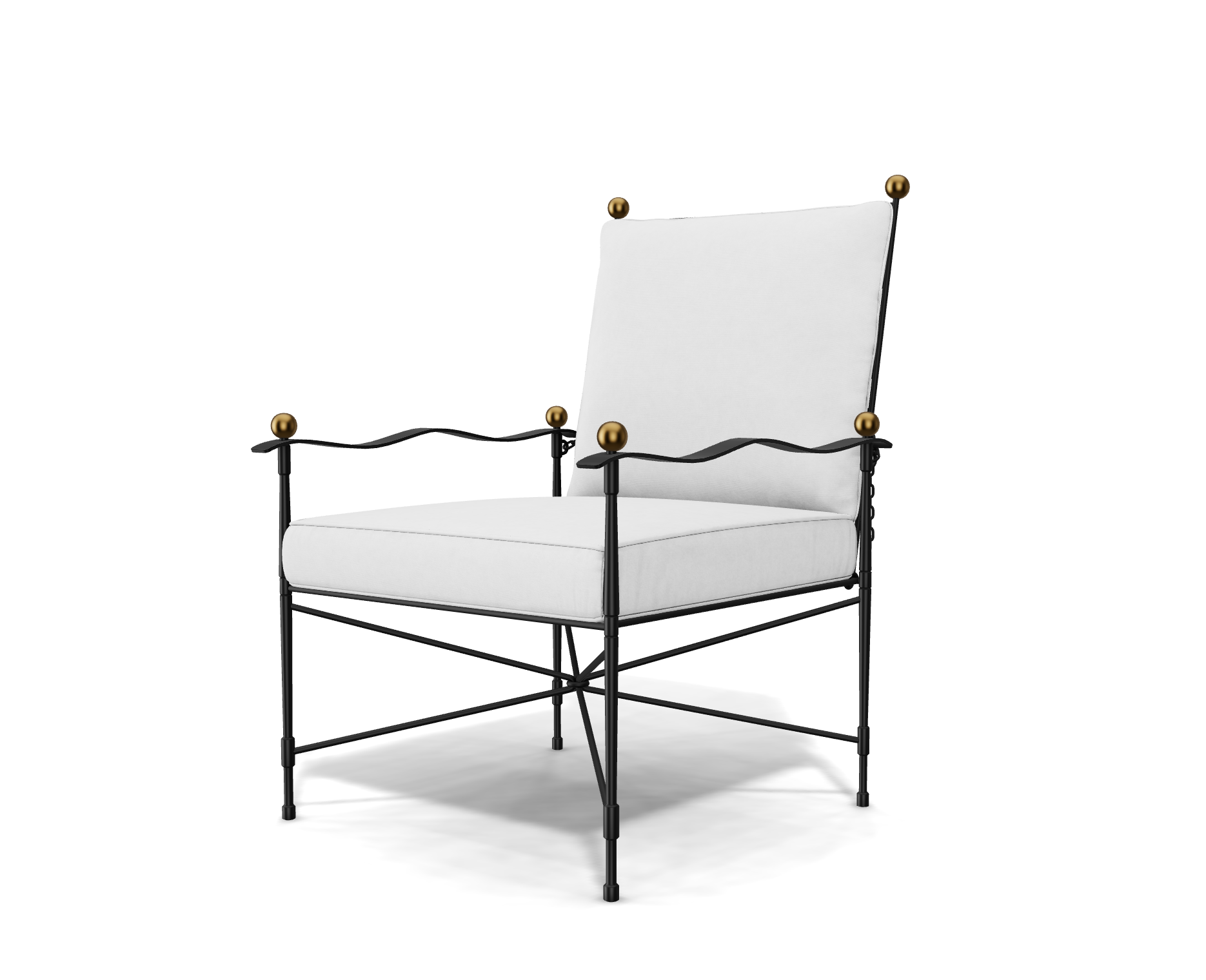 The Amalfi Adjustable Chain Lounge Chair features a modern powder-coated steel design with a black metal frame, white cushions, and gold sphere accents on the corners, set against a plain white background.