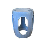 Light Blue Ming Style Garden Stool featuring openwork sides and a glossy finish, inspired by traditional dragon kiln techniques and rustic design, displayed on a white background.