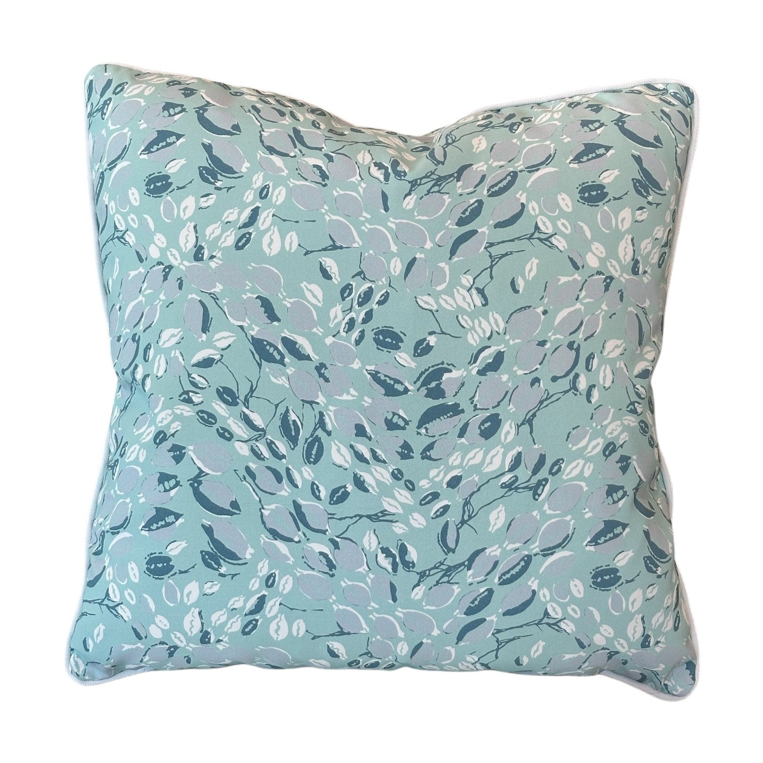 Cowrie Shell Aqua Outdoor Pillow: Square cushion featuring a light blue background with an abstract leaf and branch design in blue and white, made with high-quality materials for outdoor use.