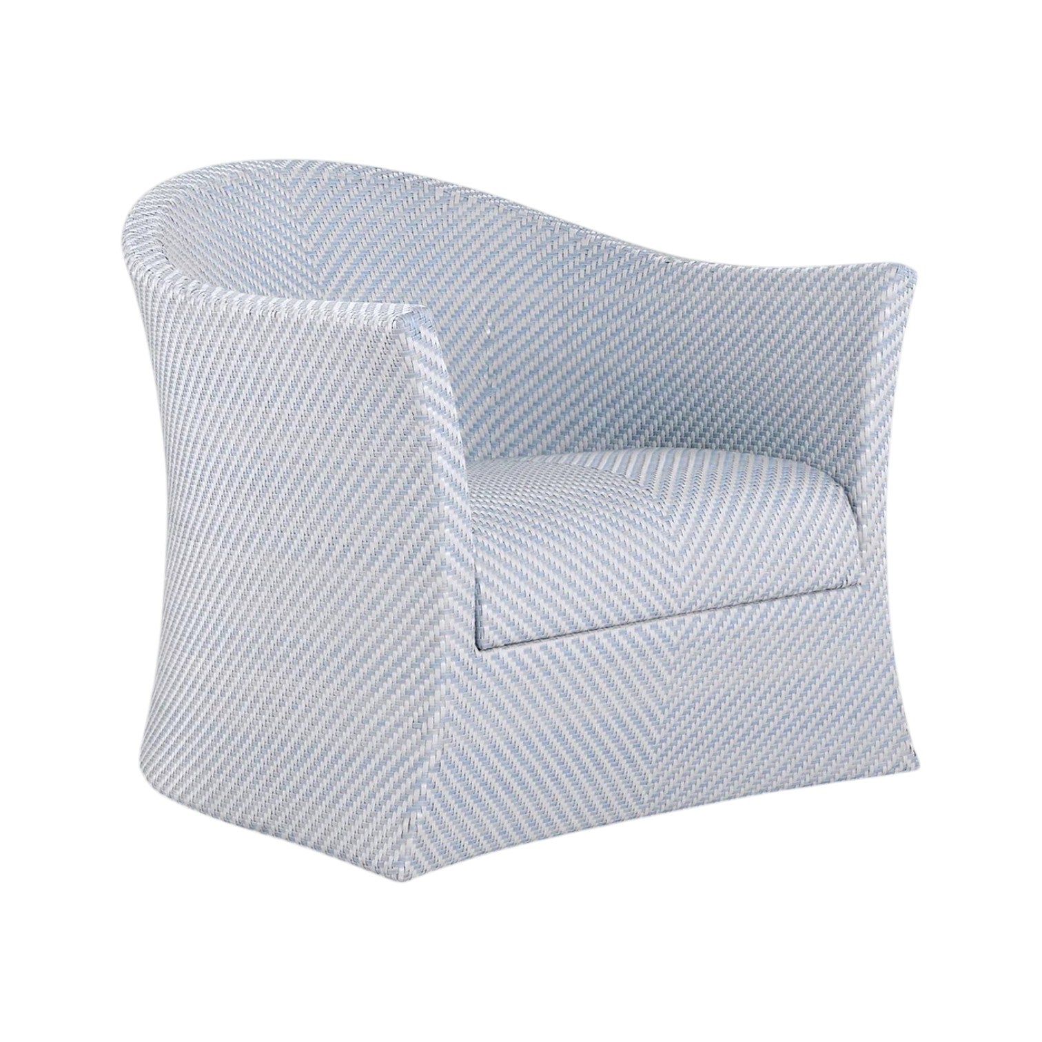 The Bari Swivel Lounge Chair in Chambray features light blue and white upholstery with a subtle herringbone pattern, flared back, and curved armrests—ideal for stylish outdoor relaxation.