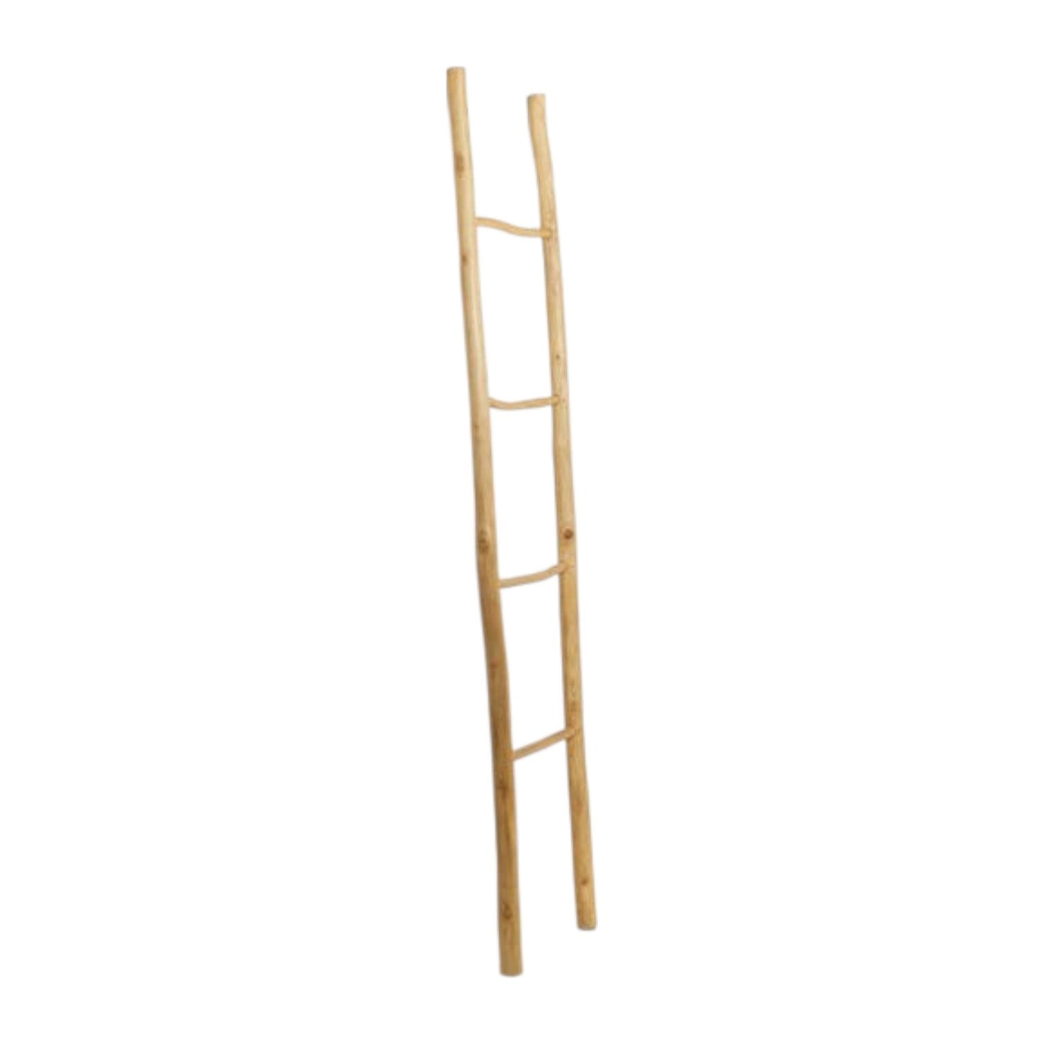 The Provo Leaning Towel Rack is a simple teak wooden ladder with four rungs, crafted from natural, unfinished wood for durability. It doubles as a stylish towel rack and looks great leaning against any wall.