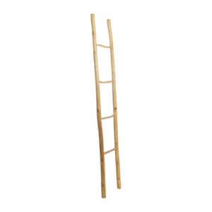 The Provo Leaning Towel Rack is a simple teak wooden ladder with four rungs, crafted from natural, unfinished wood for durability. It doubles as a stylish towel rack and looks great leaning against any wall.