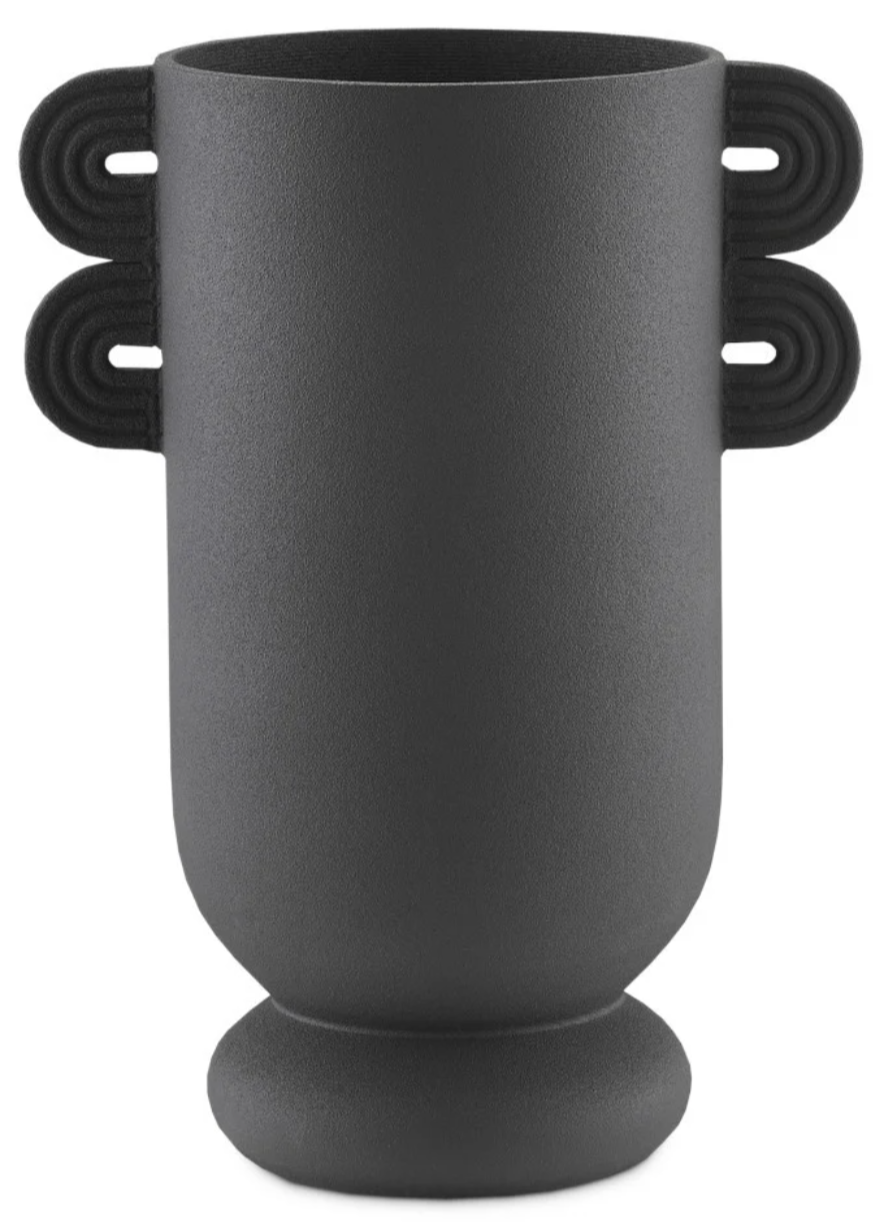 A modern, matte black vase from the Happy 40 Straight Black Vase Collection, featuring dual looped handles on each side and a smooth, rounded base.