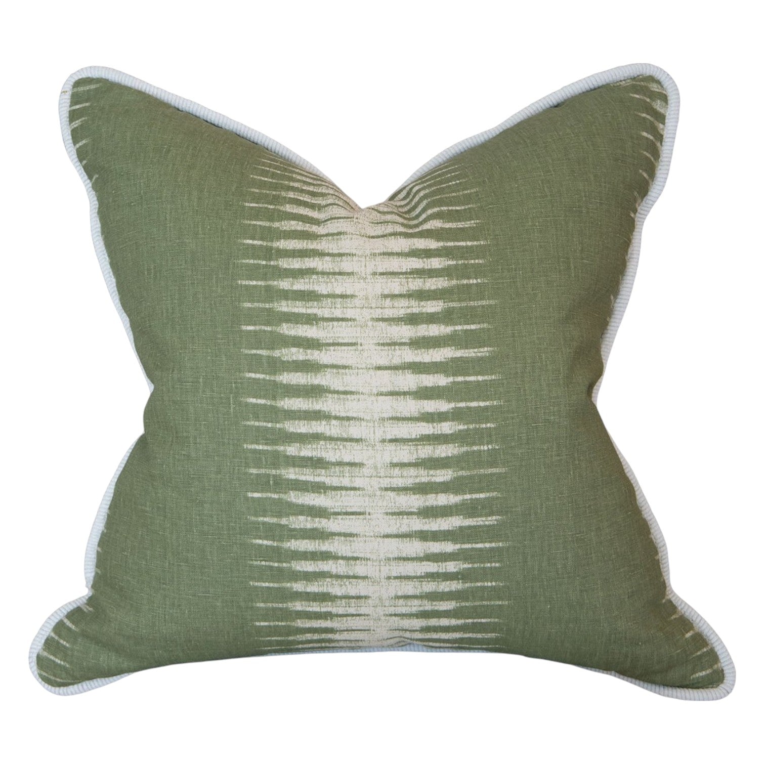 The Ikat Olive Pillow is a square green throw pillow featuring a white linear gradient center pattern and white piping, crafted from premium materials for a luxurious feel.
