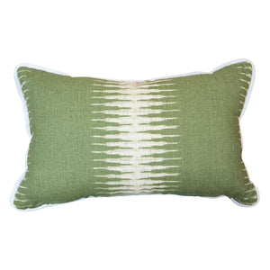 Ikat Olive Lumbar Pillow: Rectangular green pillow featuring a white, symmetrical tie-dye-inspired center pattern and white edging, expertly crafted for those who appreciate luxurious pillows.
