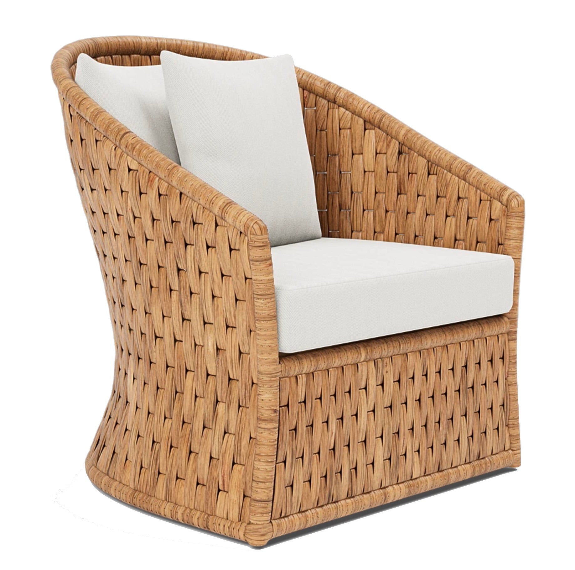 Discover the natural elegance of our Made Goods Indra Lounge Chair, featuring a woven rattan design and plush white cushions on both the seat and backrest. Enhanced with water hyacinth accents, it seamlessly harmonizes any space.