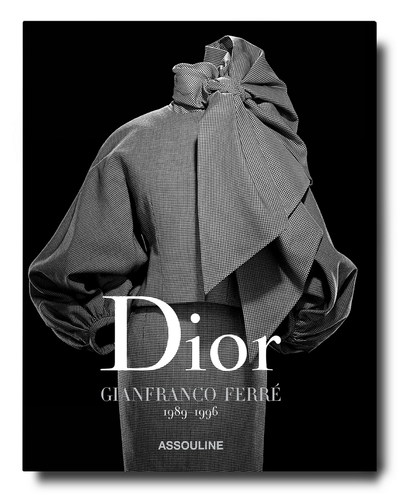 Book cover featuring a grayscale image of a person wearing an elaborate haute couture outfit with large bows. The text reads: "Dior" and "Gianfranco Ferré 1989-1996" with "Assouline" at the bottom. Product Name: Dior: Gianfranco Ferre