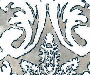 Close-up of the Ellsworth Stone Pillow’s fabric: a grey background with an ornate white and dark-outlined floral and leaf pattern, ideal for handmade pillows.