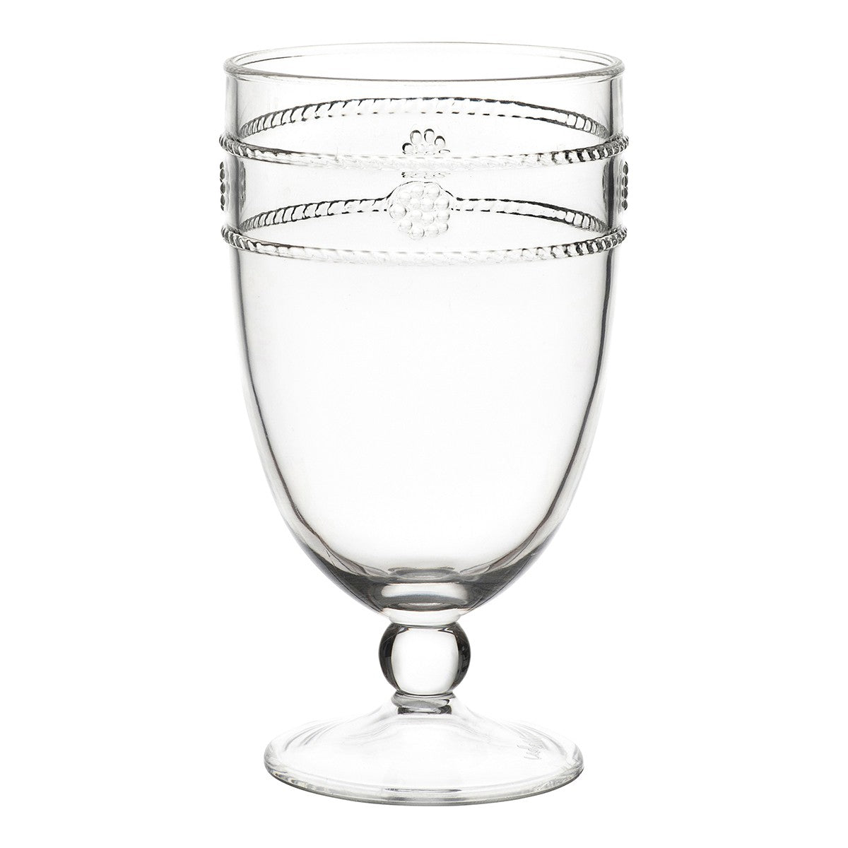 Juliska Isabella Acrylic Collection goblet with a decorative twisted rope design near the rim, standing on a short stem and round base.