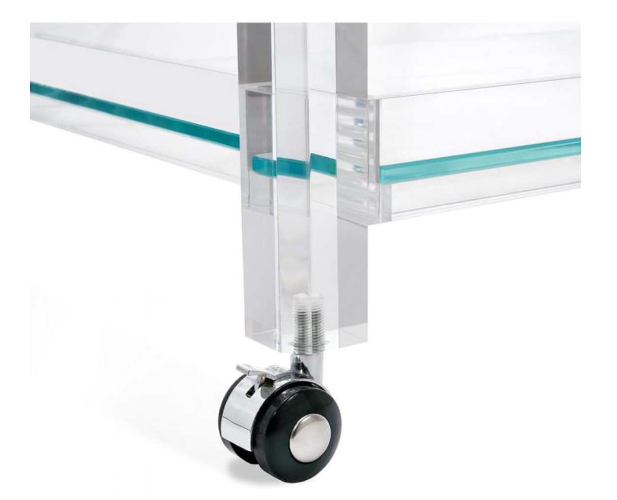 Close-up of a transparent acrylic leg with a glass shelf and black caster wheel, featured on the stylish Ava Acrylic Bar Cart.