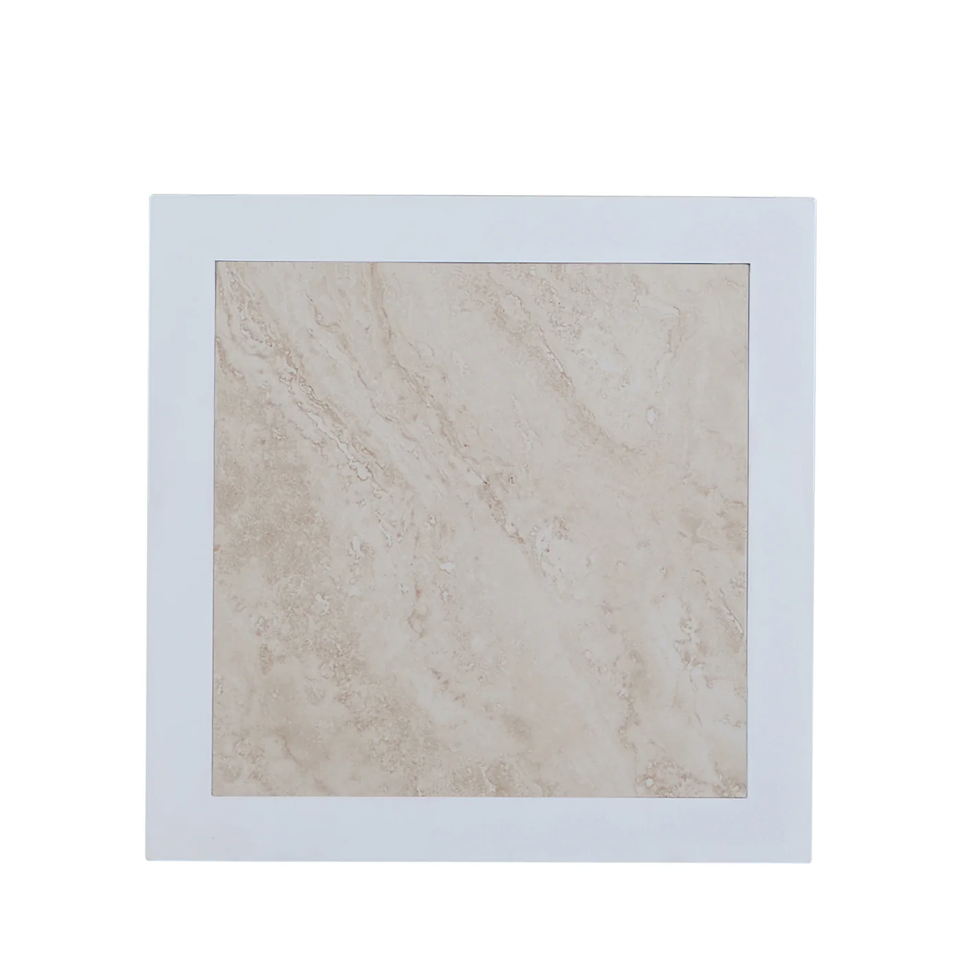 The Bermuda Aluminum End Table features a square beige marble tile with a white border, set atop rust-resistant aluminum, shown against a plain white background.