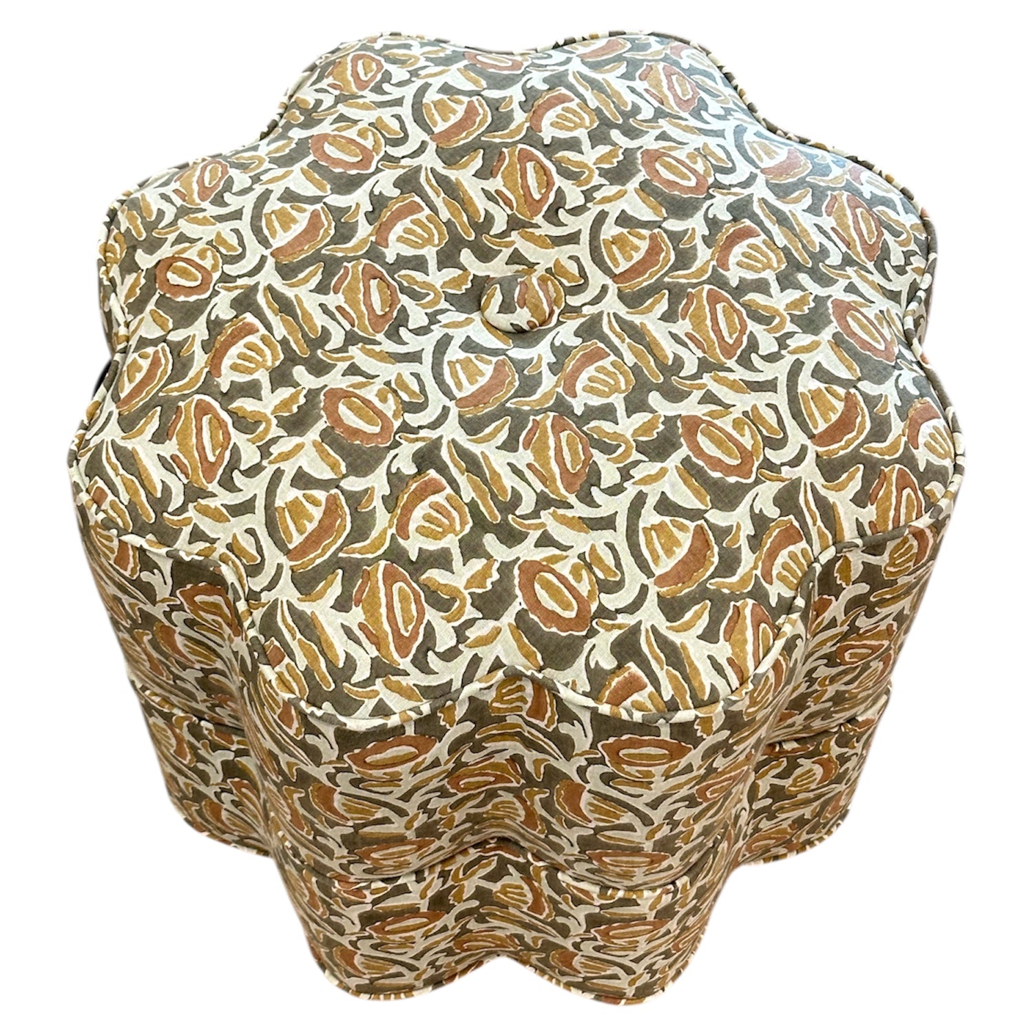 The Stella Stool in Marbella Linen Eucalypt on White features scalloped edges and abstract-patterned upholstery—an ideal compact seat or footrest.
