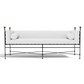 The Amalfi Tuxedo 3 Seat Sofa features cylindrical bolster pillows, a slim black metal frame with gold corner accents, and hand-forged latticework, all presented in a modern white design against a white background.