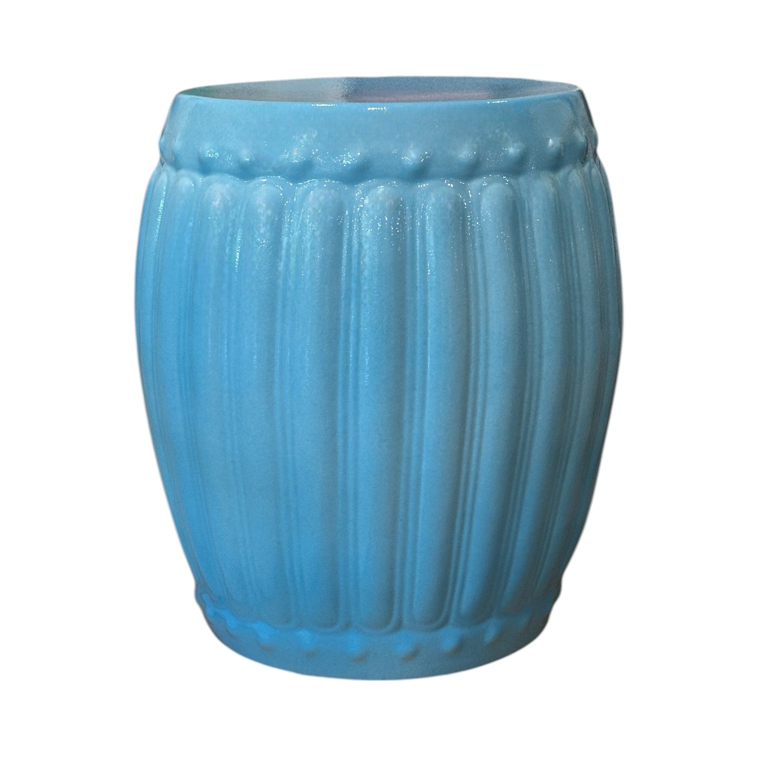 The Porcelain Ribbed Garden Stool in Lagoon Blue features vertical ridges and a glossy finish, shown against a white background.