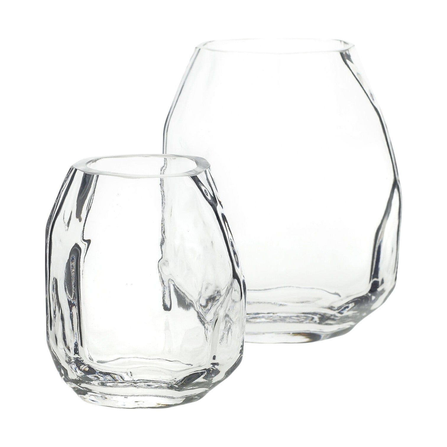 Two clear, faceted Denali Vases in different sizes are displayed side by side on a white background, highlighting their modern and sophisticated minimalist design.