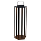 The Joyce Solar Lantern Collection features tall, hexagonal black metal lanterns with open sides, a flat base, and a handle on top—perfect for adding stylish outdoor lighting to any space.