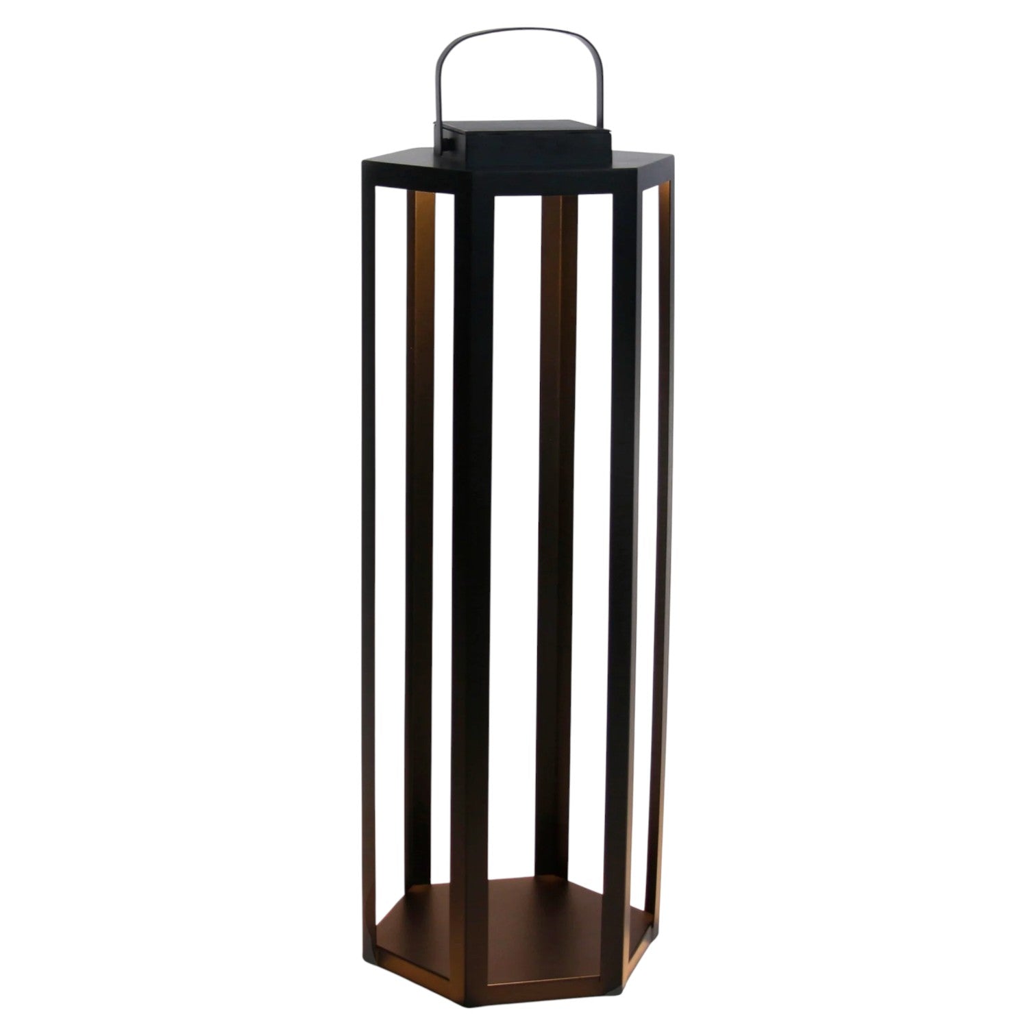 The Joyce Solar Lantern Collection features tall, hexagonal black metal lanterns with open sides, a flat base, and a handle on top—perfect for adding stylish outdoor lighting to any space.